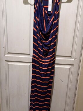 Striped Navy and Orange Cowl-Neck Maxi Dress